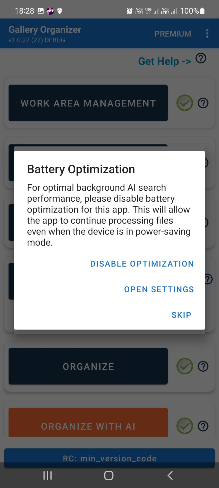 Battery optimization screen
